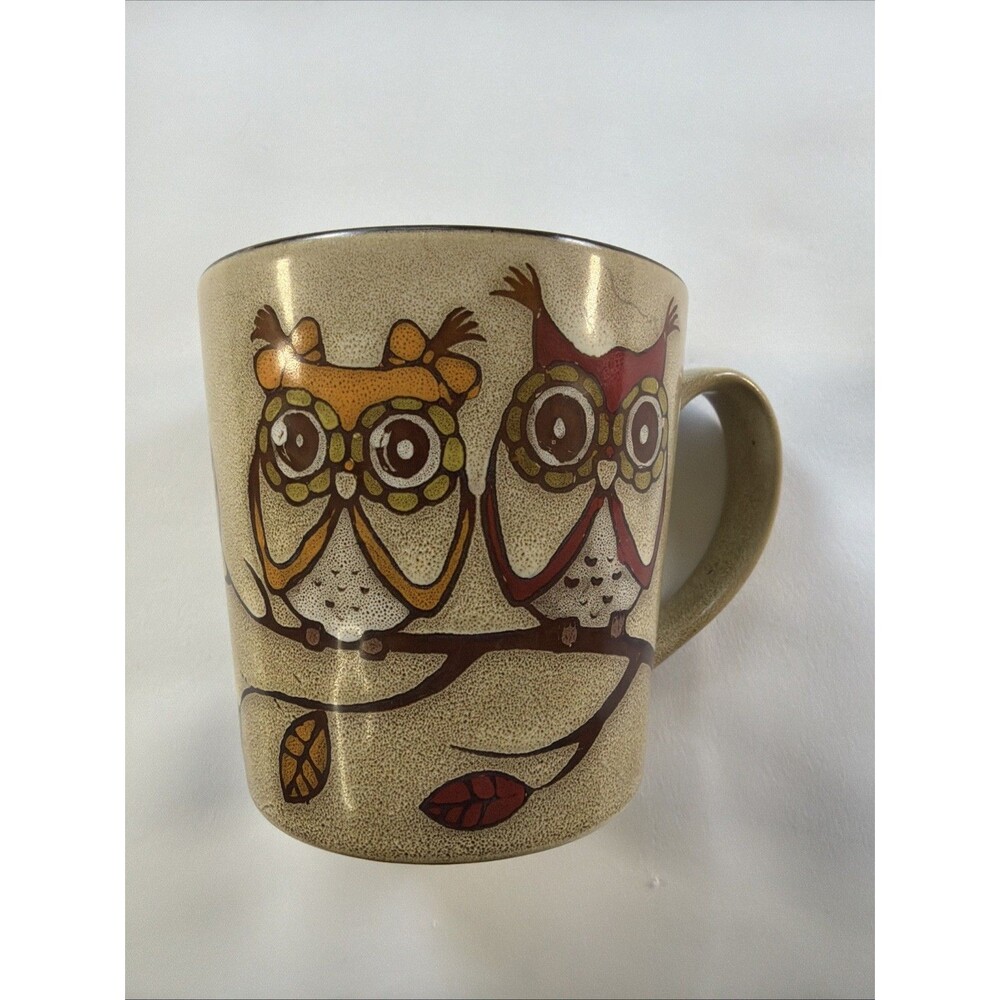 Great Gatherings Two Owls Coffee Cup  on a branch beige large ceramic tea mug